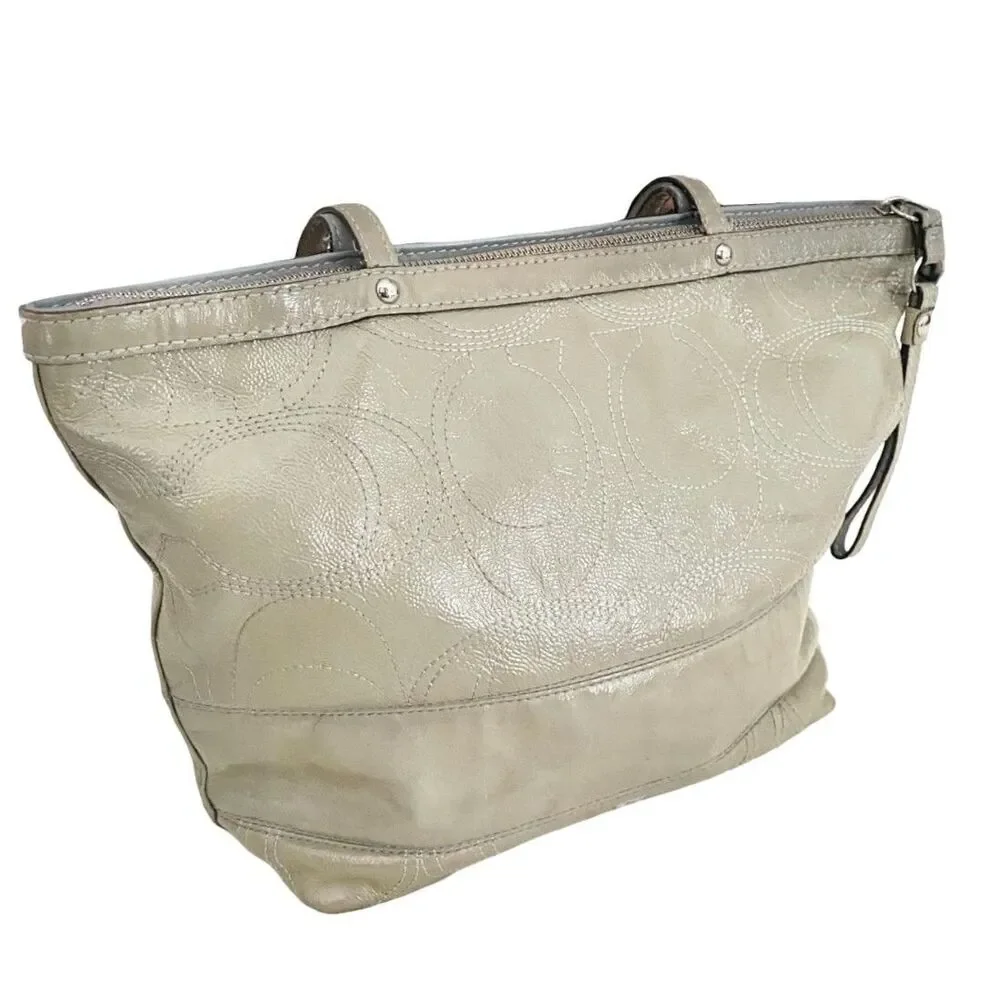 Coach Signature Stripe Patent Leather Tote Shoulder Bag Taupe Grey F15142